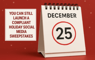 Desktop December calendar with December 25 circled in red next to a white title box promoting a compliant holiday social media sweepstakes.