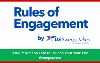 US Sweepstakes newsletter graphic featuring holiday sweepstakes strategies, fast-turn promotions, and year-end engagement insights