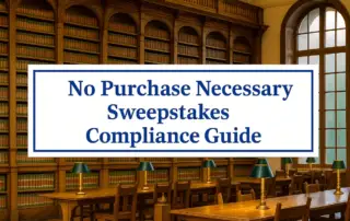 Image with the title “No Purchase Necessary Sweepstakes Compliance Guide” displayed in a law library setting.