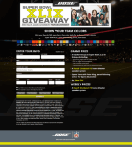 BOSE Super Bowl giveaway microsite showing entry form, team color selection, and grand prize details