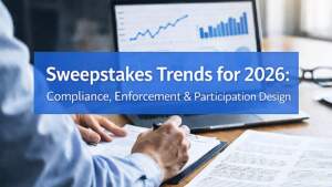 Analyst reviewing sweepstakes compliance documents at a desk with performance charts on a laptop, representing sweepstakes trends for 2026