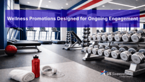 Modern gym interior with rows of silver weights and the US Sweepstakes logo, representing wellness engagement and ongoing participation.