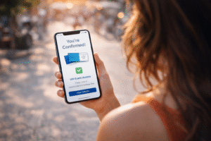 Person viewing a mobile confirmation message for VIP event access, representing prize and experience fulfillment.