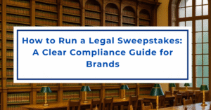 Banner image reading “How to Run a Legal Sweepstakes: A Clear Compliance Guide for Brands” over a law library background, linking to a blog article on sweepstakes compliance.