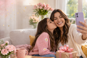 Mother and children taking a selfie together at home, celebrating a joyful family moment for Mother’s Day