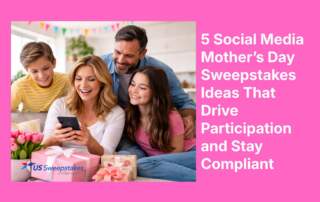 Family gathered around a mother using a smartphone with Mother’s Day gifts, alongside text promoting social media sweepstakes ideas