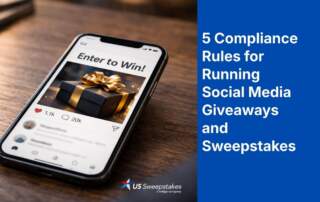 Smartphone displaying a social media giveaway post with “Enter to Win” and a luxury gift box, alongside text reading “5 Compliance Rules for Running Social Media Giveaways and Sweepstakes
