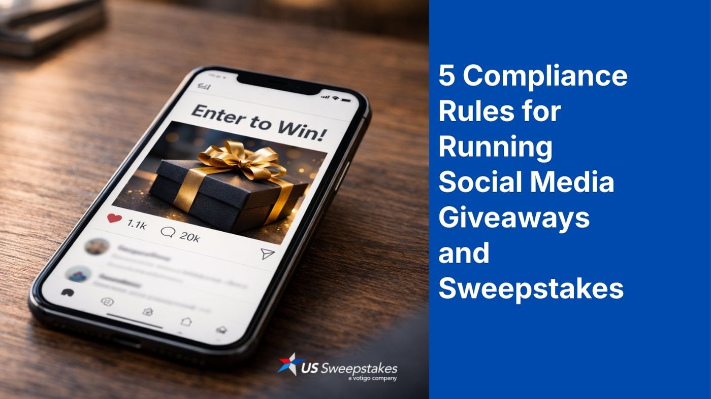 Smartphone displaying a social media giveaway post with “Enter to Win” and a luxury gift box, alongside text reading “5 Compliance Rules for Running Social Media Giveaways and Sweepstakes