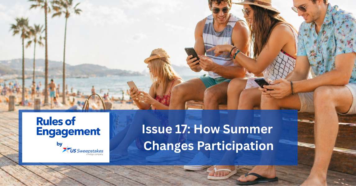 People using mobile phones at the beach with Rules of Engagement newsletter overlay about summer participation