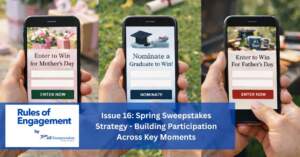 Spring sweepstakes strategy feature image showing mobile entry forms for Mother’s Day, graduation nomination, and Father’s Day promotions, highlighting seasonal participation and key marketing moments.