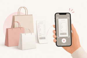 Receipt upload sweepstakes illustration showing mobile phone scanning a purchase receipt with shopping bags, representing purchase validation, consumer spending, and first-party data capture.