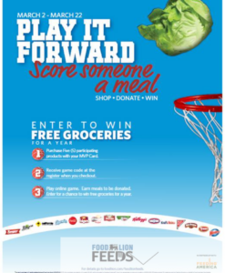 Food Lion “Play It Forward” grocery sweepstakes promotional graphic featuring basketball-themed gamification, free groceries for a year prize messaging, purchase-triggered entry instructions, Food Lion Feeds branding, and Feeding America charitable donation partnership.
