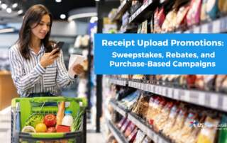 Woman shopping in a grocery store using a smartphone and receipt for a receipt upload promotion campaign about sweepstakes, rebates, and purchase-based promotions.