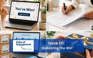 US Sweepstakes Rules of Engagement newsletter cover for Issue 20: Delivering the Win, featuring the winner journey from notification and verification through prize fulfillment and delivery.
