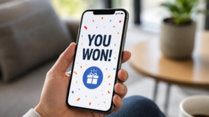 Person holding a smartphone displaying a sweepstakes winner notification after winning a promotional campaign.