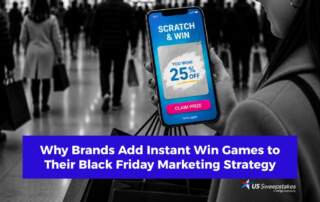 Black Friday instant win game feature image showing a shopper using a smartphone with a digital scratch-off revealing a 25% off instant reward in a busy shopping mall