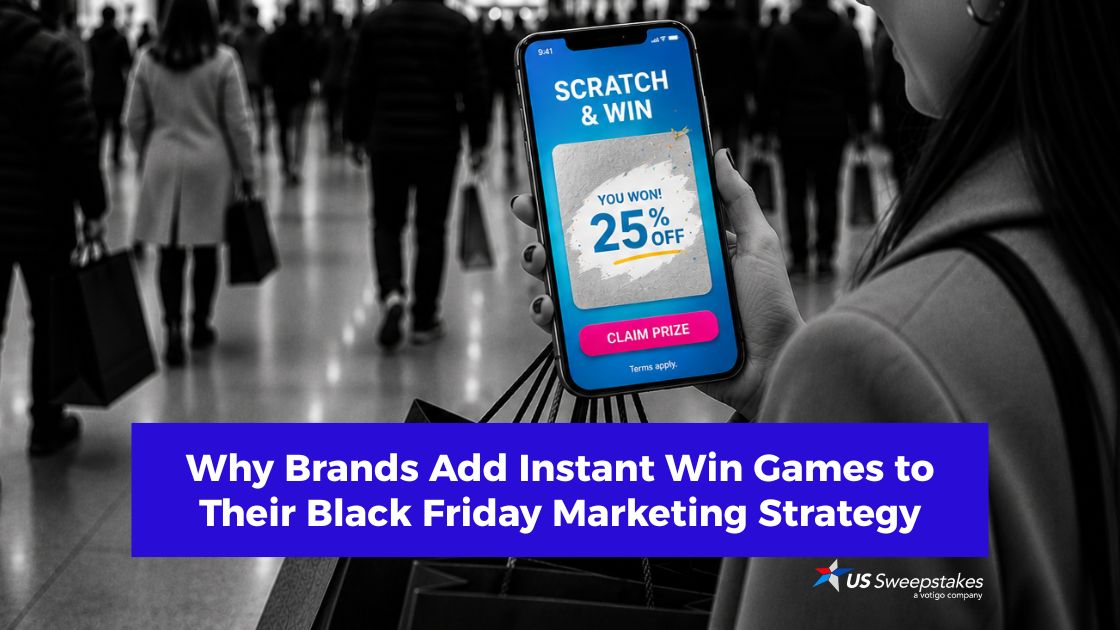 Black Friday instant win game feature image showing a shopper using a smartphone with a digital scratch-off revealing a 25% off instant reward in a busy shopping mall