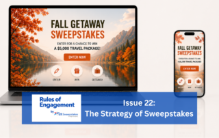 US Sweepstakes Rules of Engagement Issue 22, The Strategy of Sweepstakes, featuring a Fall Getaway Sweepstakes displayed on laptop and mobile screens.