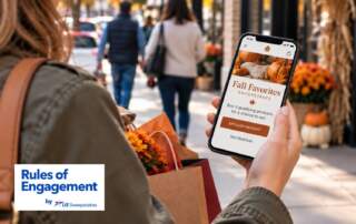 Shopper viewing a fall sweepstakes with receipt-upload entry on her phone, with “Rules of Engagement by US Sweepstakes” branding.