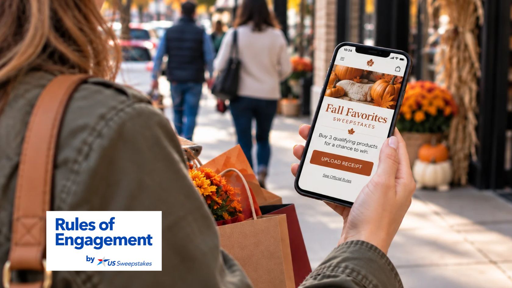 Shopper viewing a fall sweepstakes with receipt-upload entry on her phone, with “Rules of Engagement by US Sweepstakes” branding.